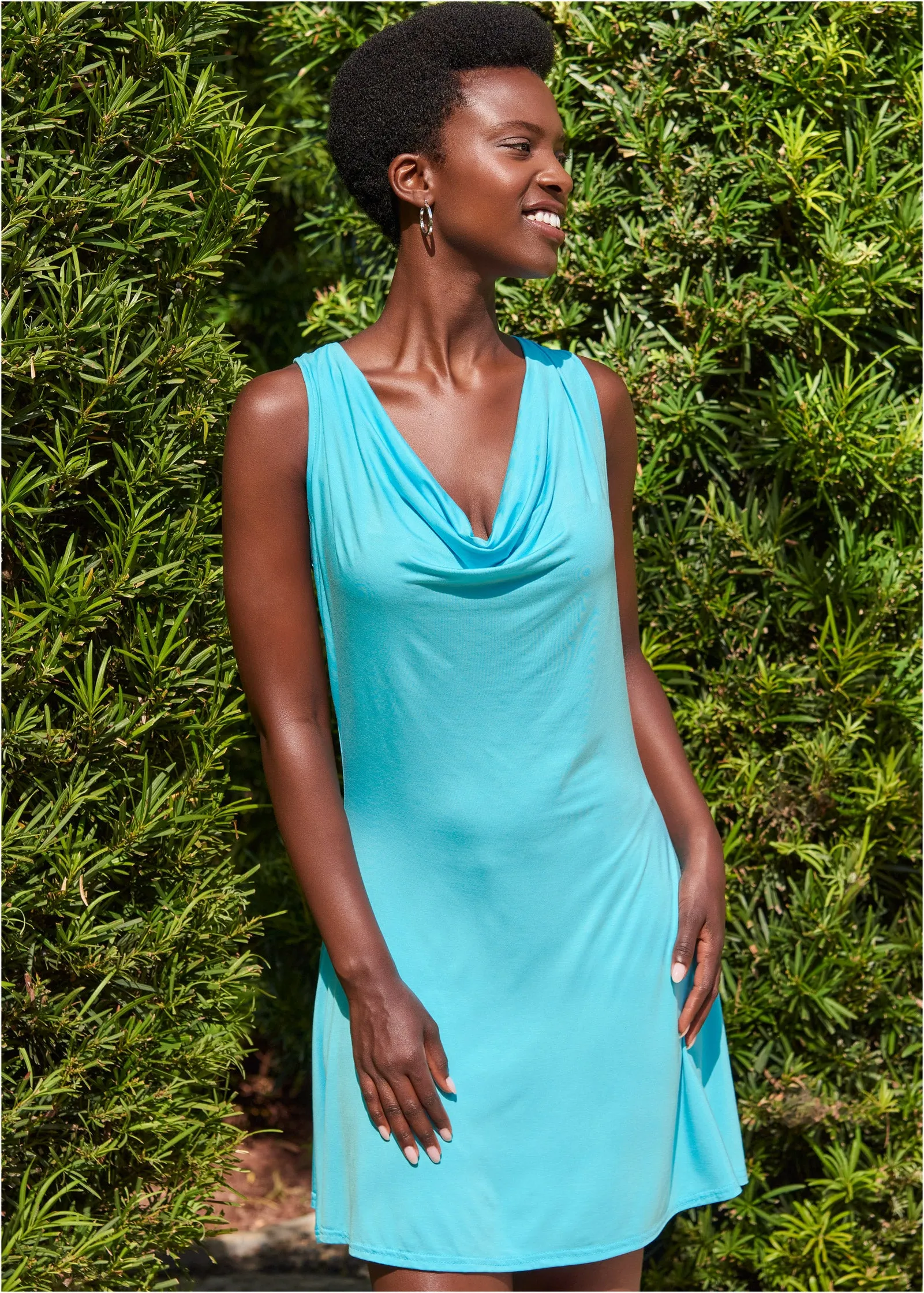 Racerback Cowl Neck Dress - Aqua Reef