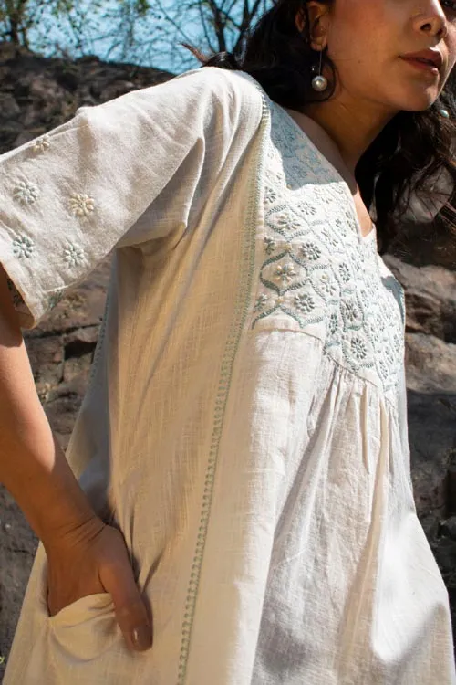 Rangsutra Avani Chikankari Off White Pure Cotton V Neck Dress