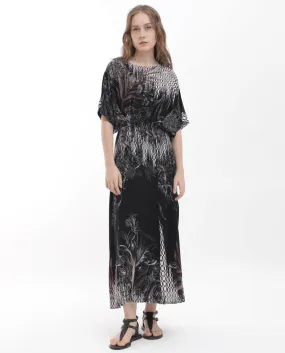 Rareism Women Rufus Black Polyester Fabric Short Sleeves Round Neck Relaxed Fit Abstract Print Midi Dress