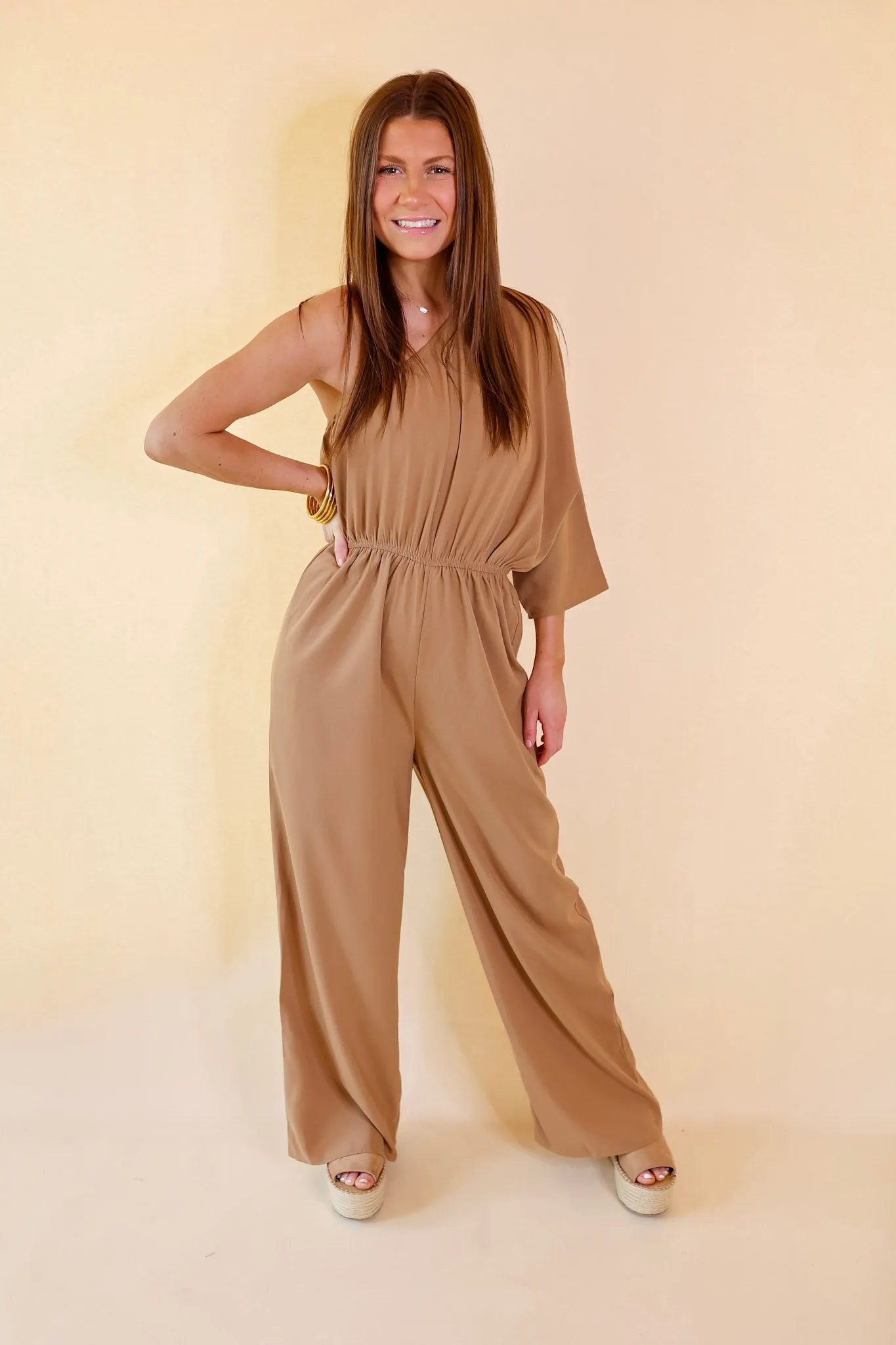 Ready To Wow One Shoulder Wide Leg Jumpsuit in Camel Brown