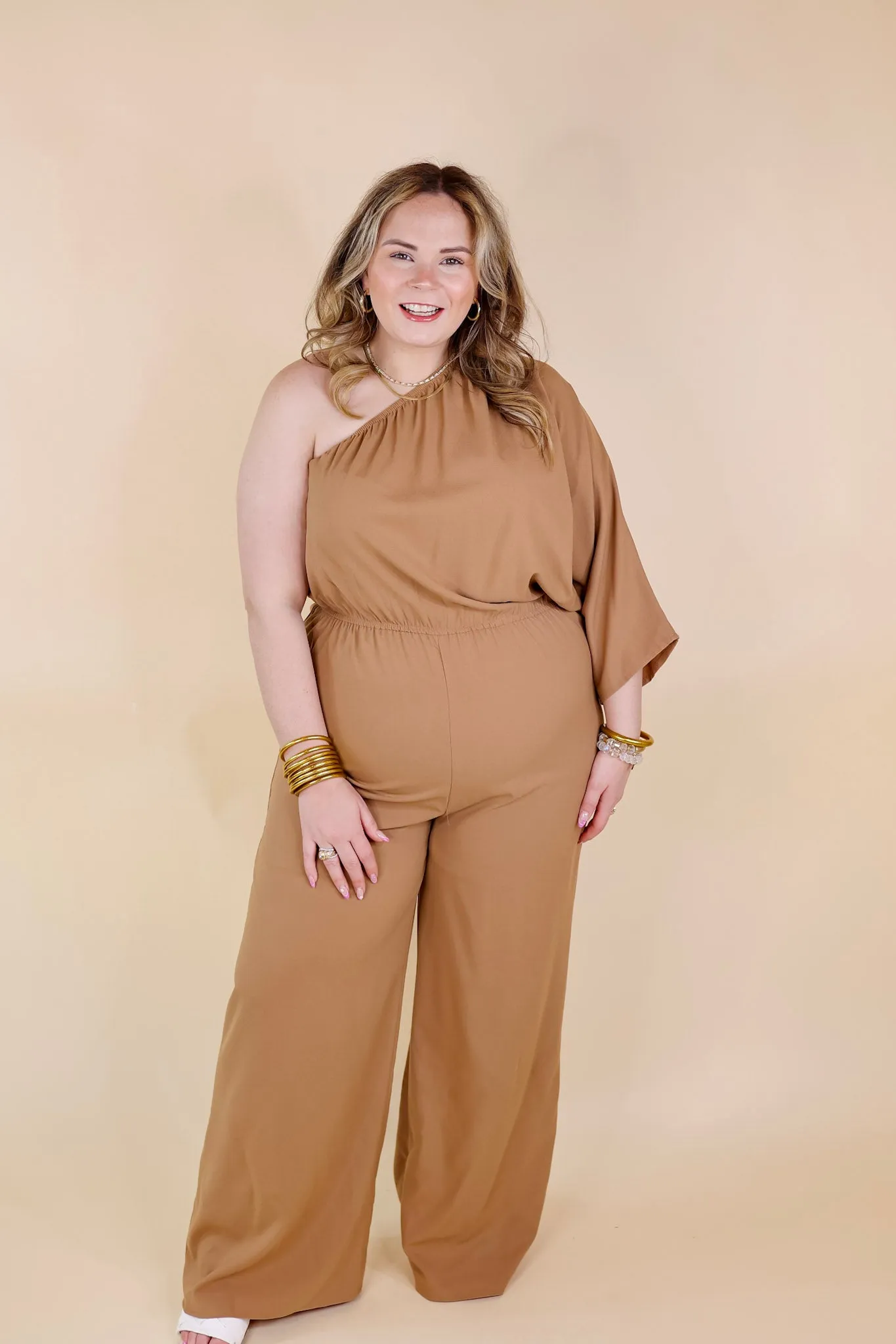 Ready To Wow One Shoulder Wide Leg Jumpsuit in Camel Brown