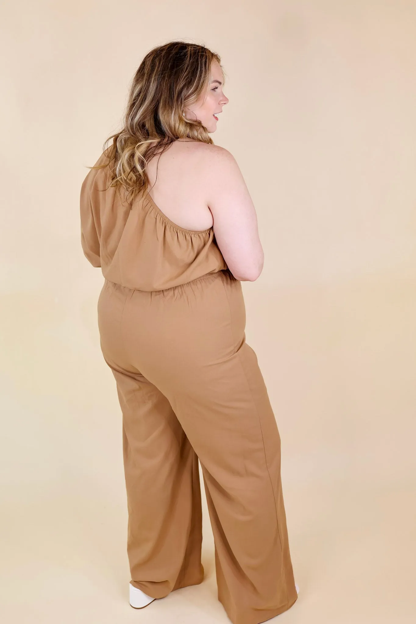 Ready To Wow One Shoulder Wide Leg Jumpsuit in Camel Brown