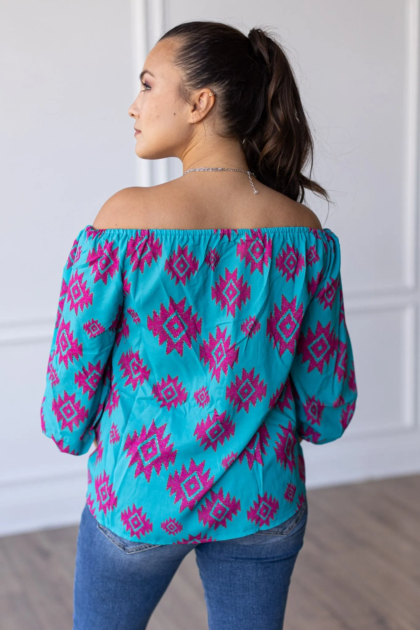 Rustic Touch Turquoise Off The Shoulder Top