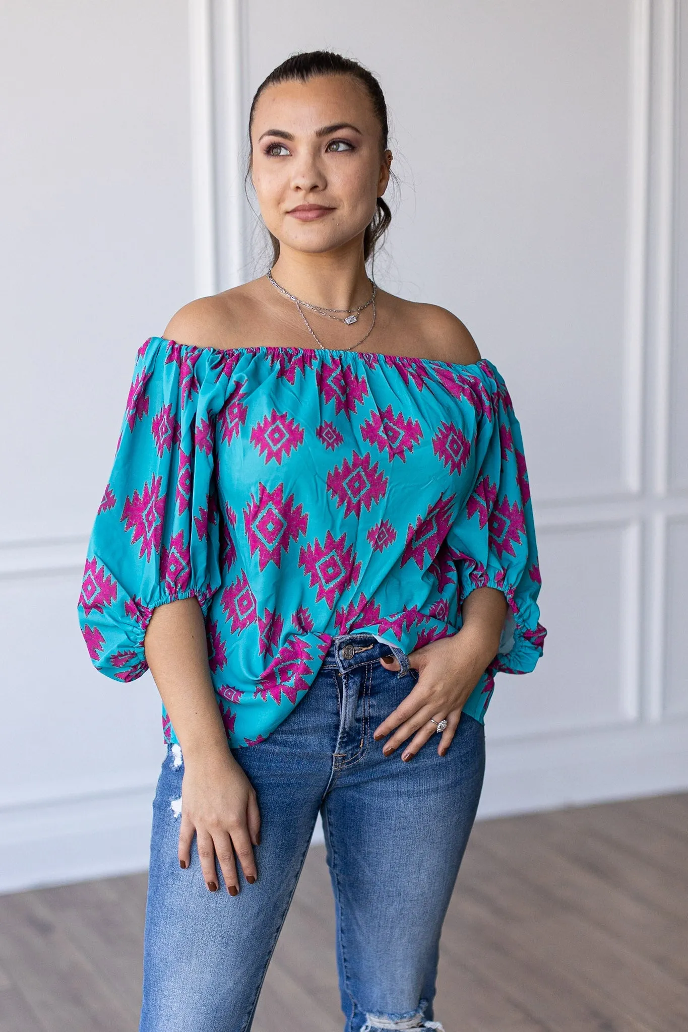 Rustic Touch Turquoise Off The Shoulder Top