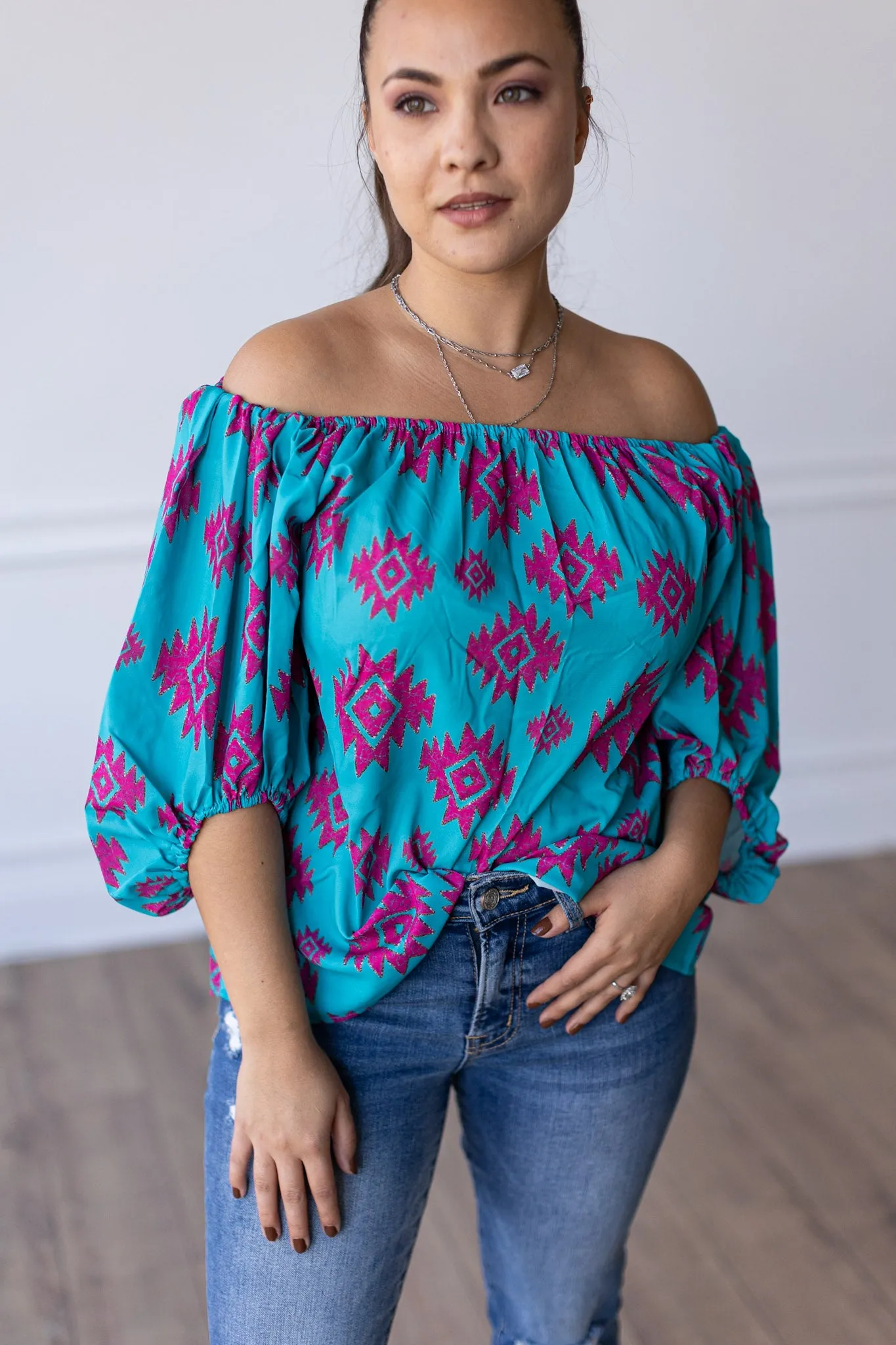 Rustic Touch Turquoise Off The Shoulder Top