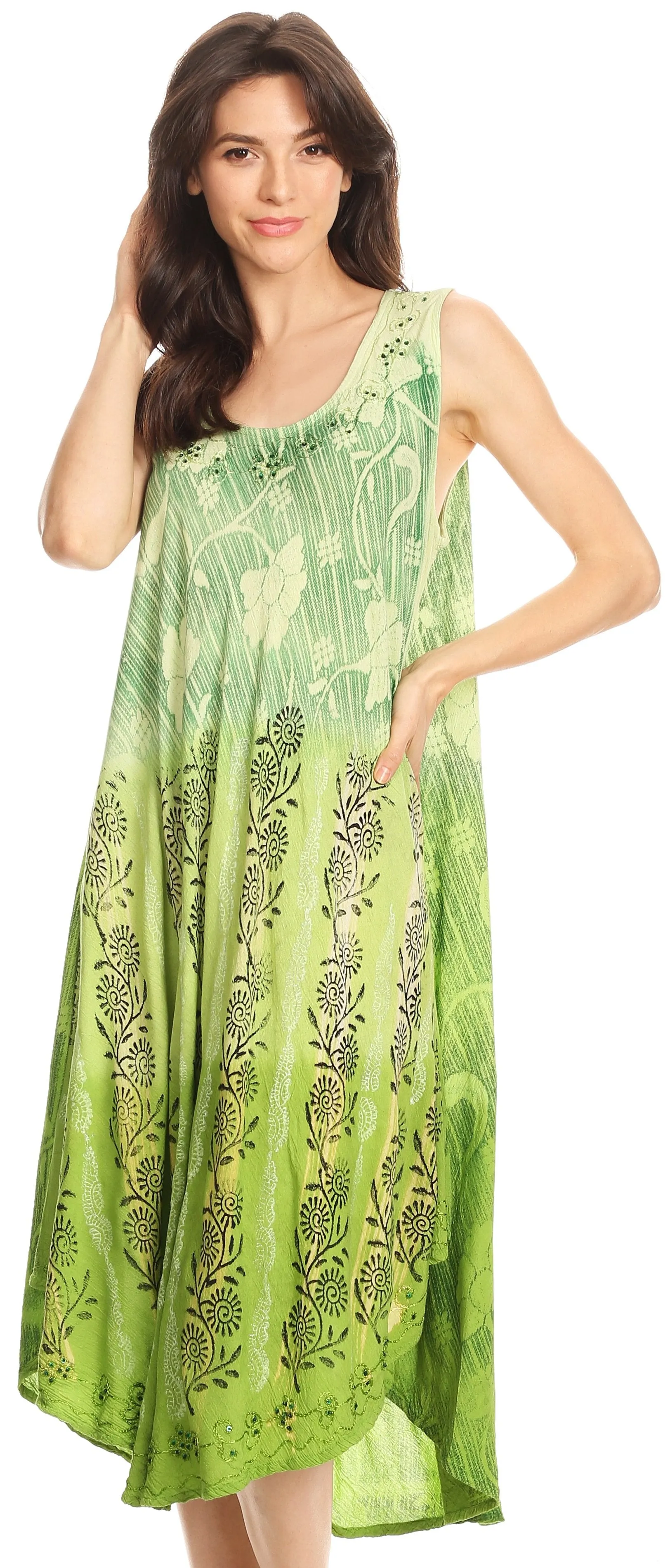 Sakkas Alicia Ombre Vine Print Batik Dress / Cover Up with Sequins and Embroidery