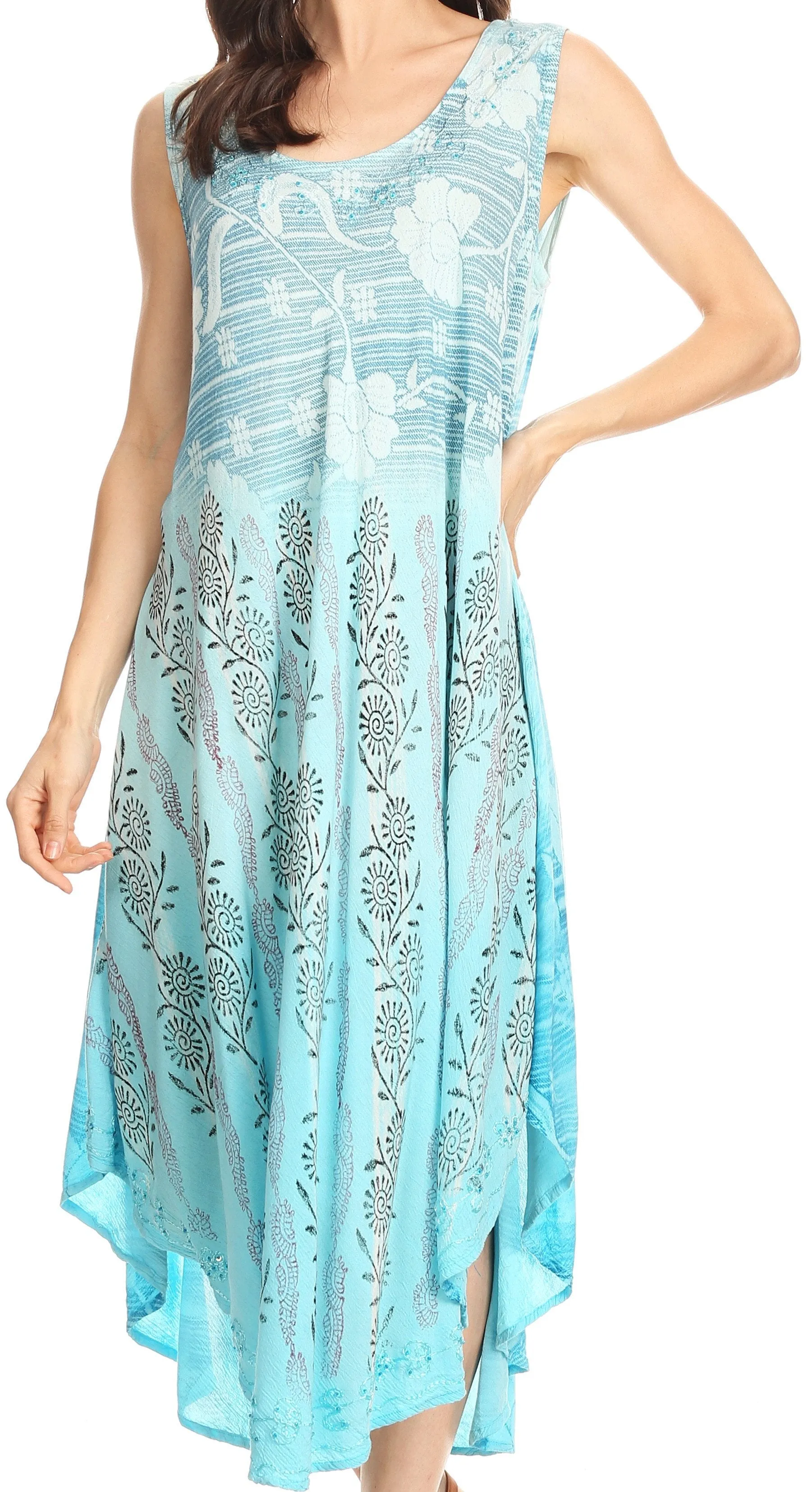 Sakkas Alicia Ombre Vine Print Batik Dress / Cover Up with Sequins and Embroidery