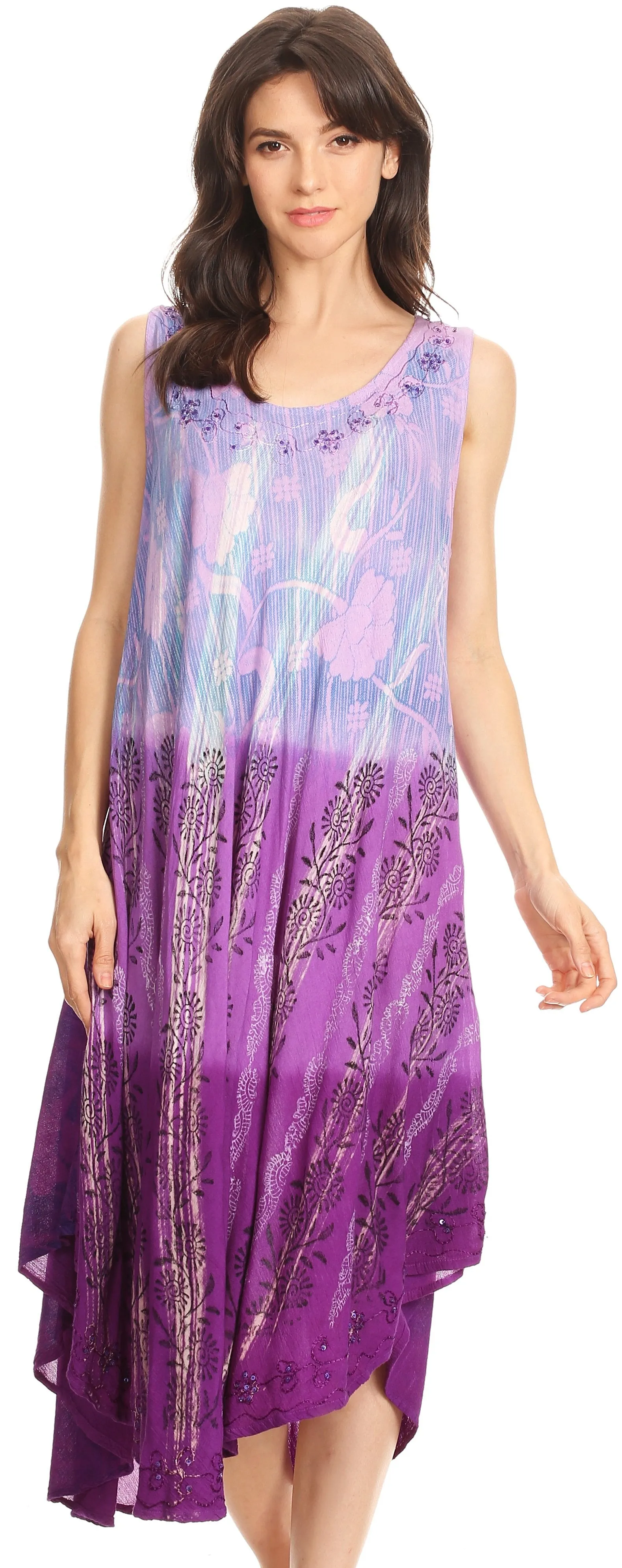 Sakkas Alicia Ombre Vine Print Batik Dress / Cover Up with Sequins and Embroidery