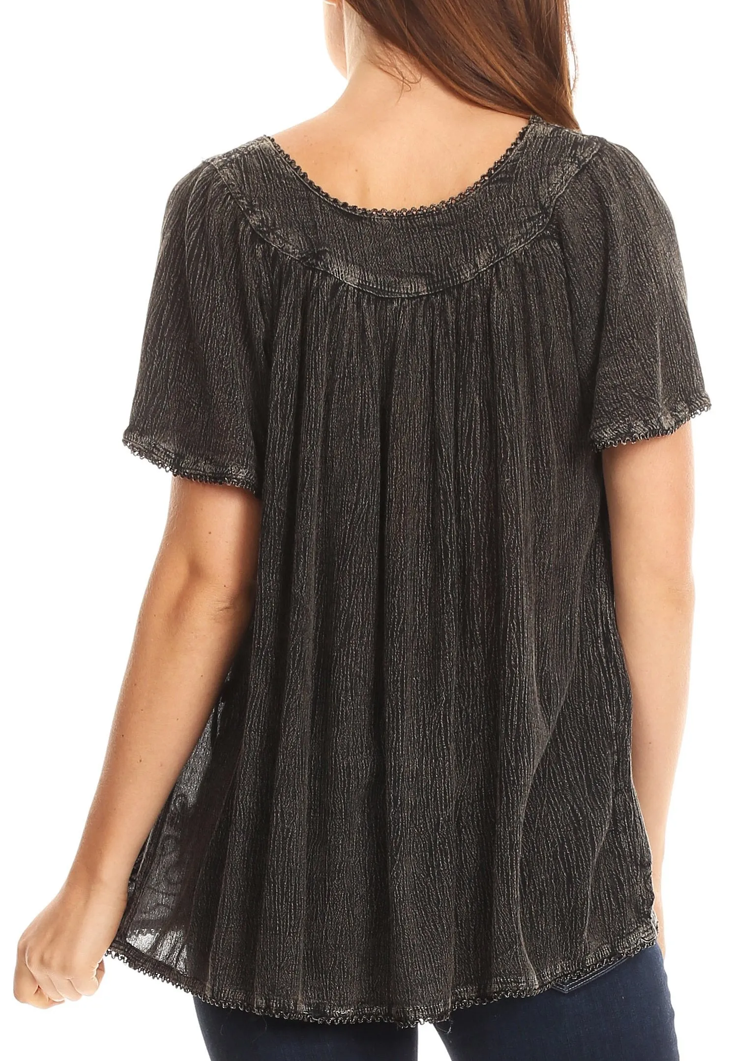 Sakkas Emma Crinkle V-neck Short Sleeve Top Blouse with Embroidery and Sequin