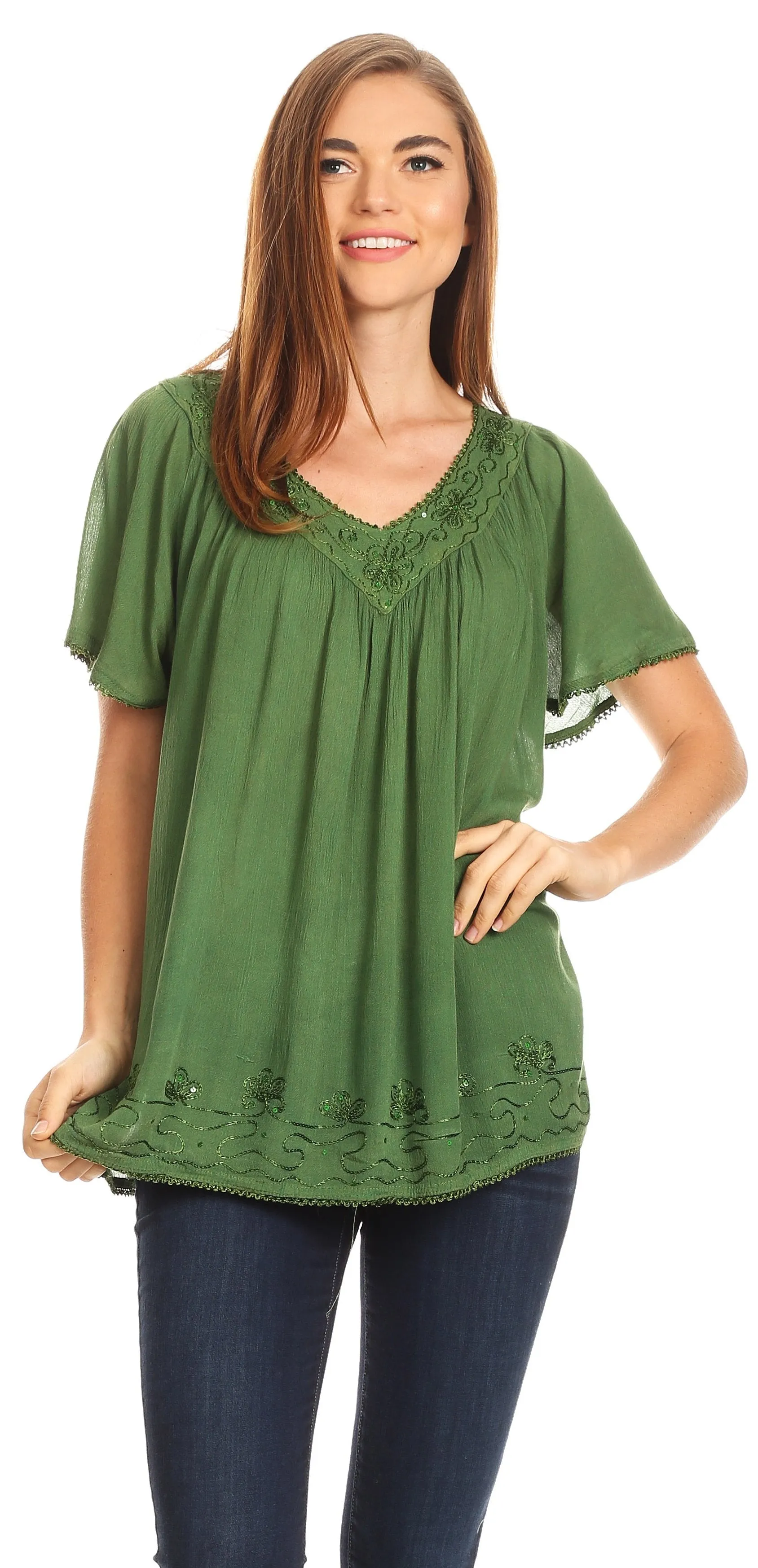 Sakkas Emma Crinkle V-neck Short Sleeve Top Blouse with Embroidery and Sequin