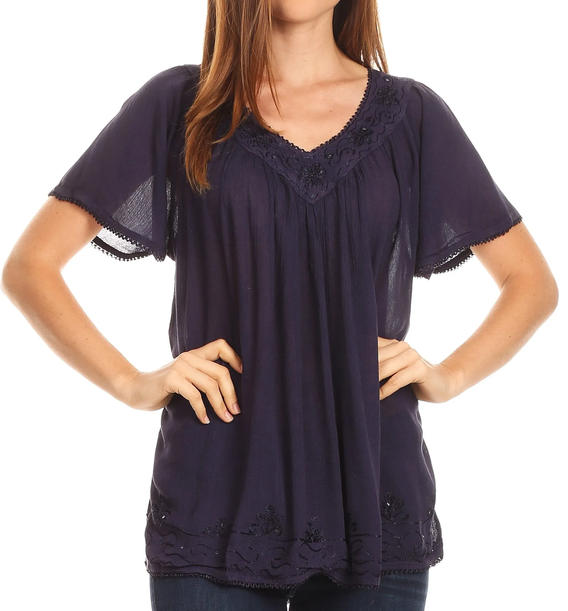 Sakkas Emma Crinkle V-neck Short Sleeve Top Blouse with Embroidery and Sequin