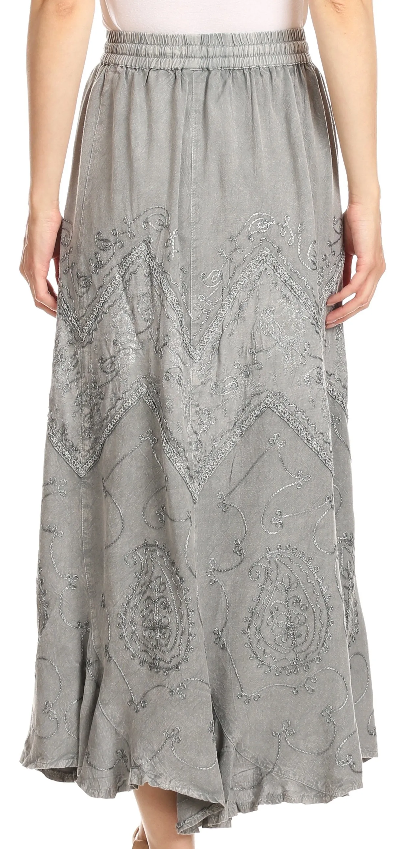 Sakkas Evelyn Womens Stonewashed Maxi Ruffle Skirt with Elastic Waist & Embroidery