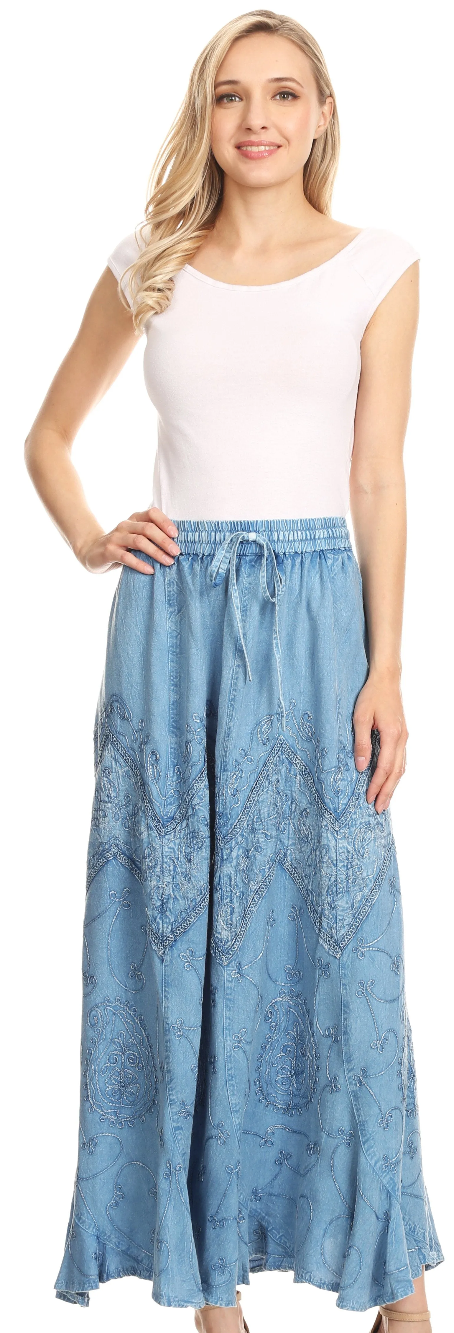 Sakkas Evelyn Womens Stonewashed Maxi Ruffle Skirt with Elastic Waist & Embroidery