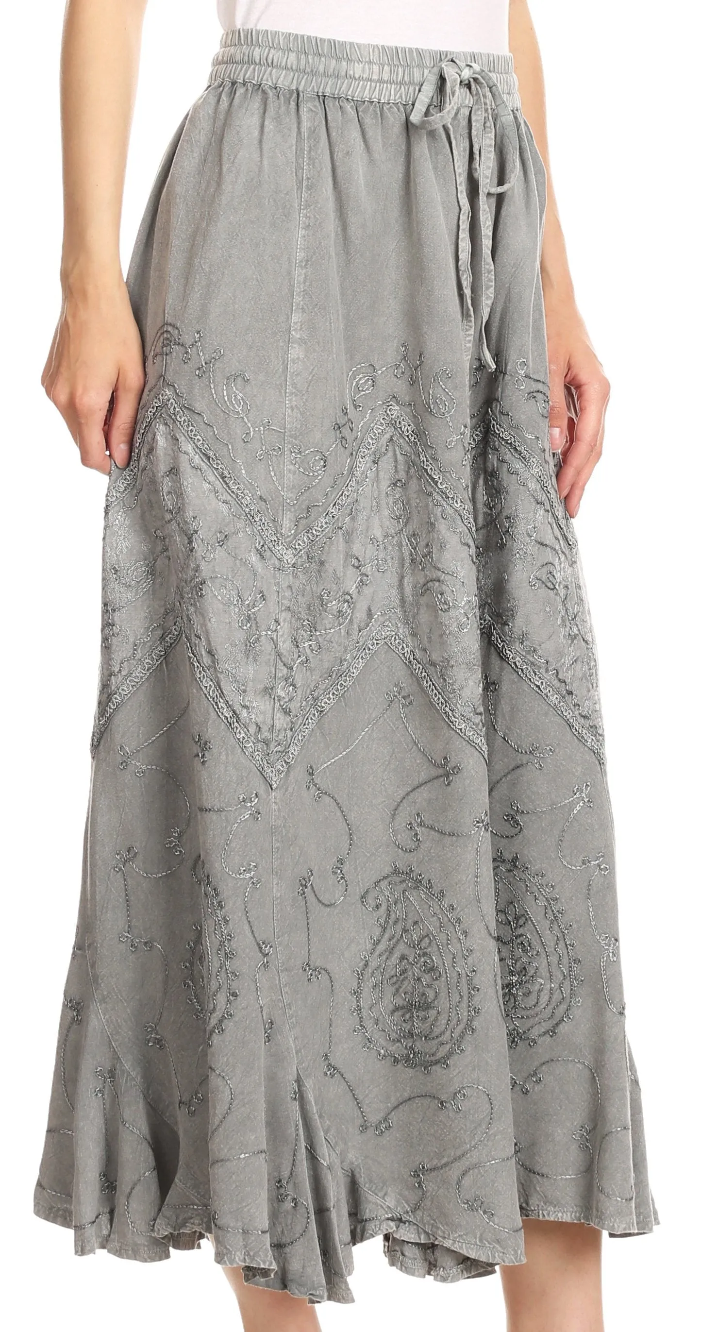 Sakkas Evelyn Womens Stonewashed Maxi Ruffle Skirt with Elastic Waist & Embroidery