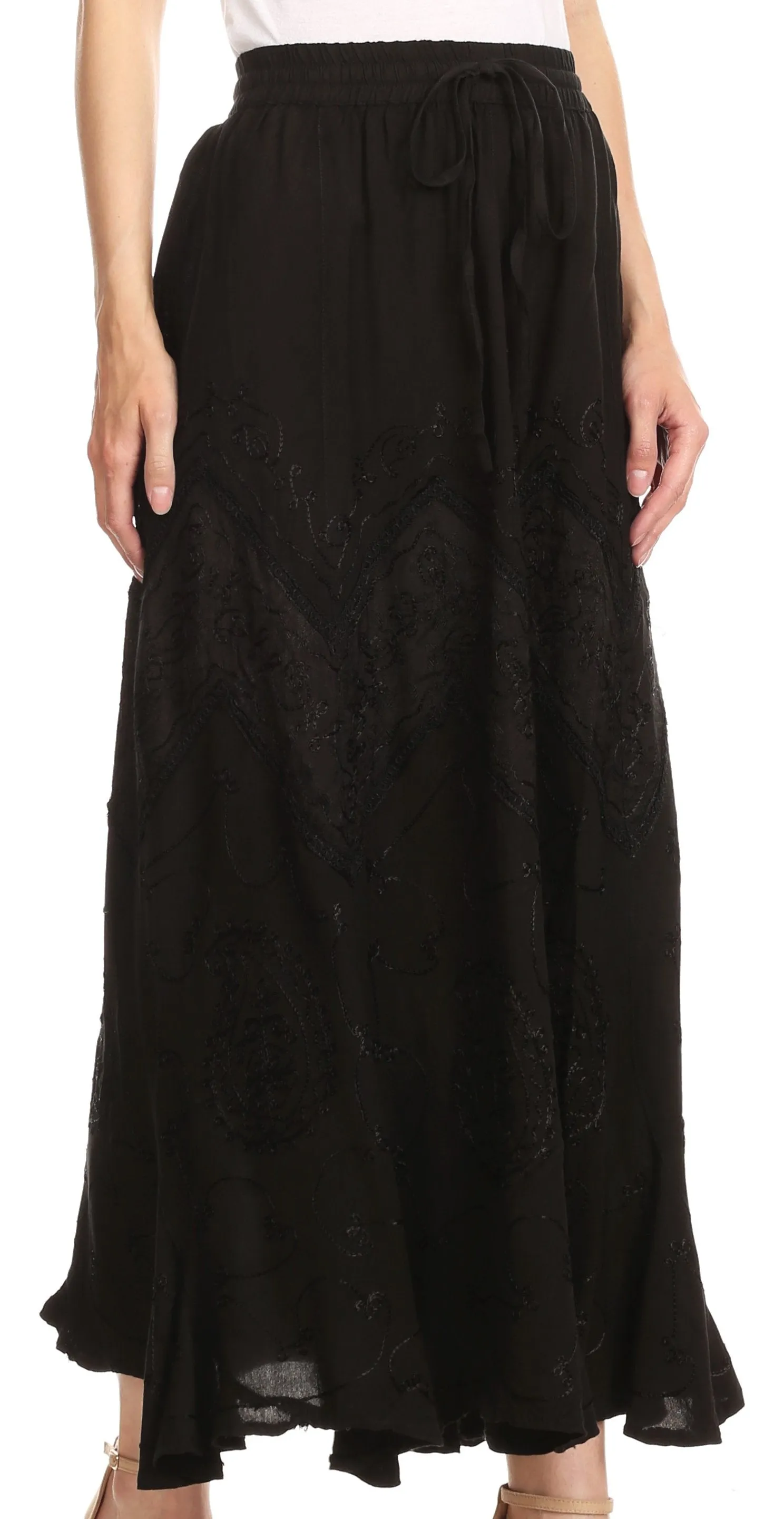 Sakkas Evelyn Womens Stonewashed Maxi Ruffle Skirt with Elastic Waist & Embroidery