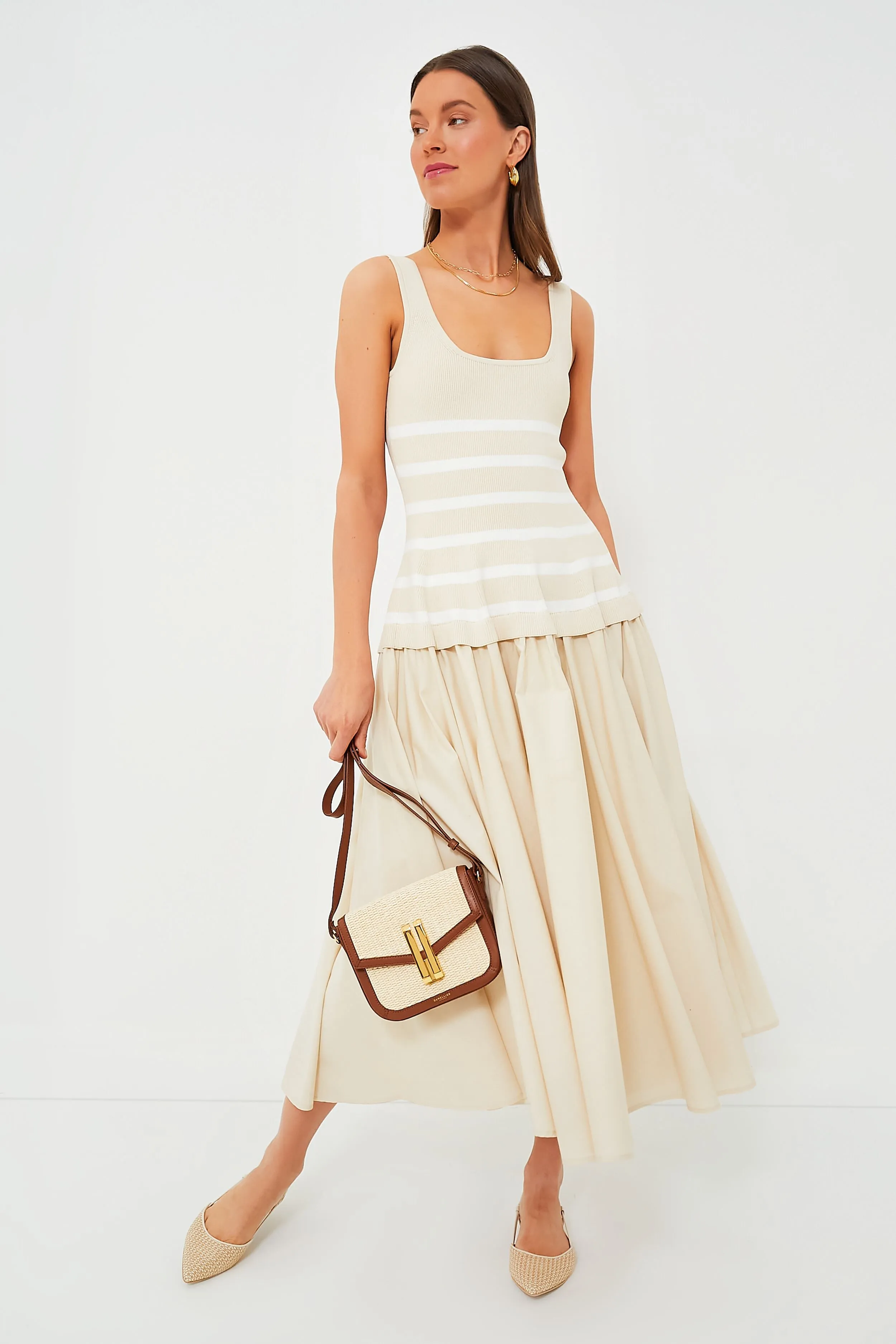 Sand Stripe Silas Knit Bodice Midi Dress