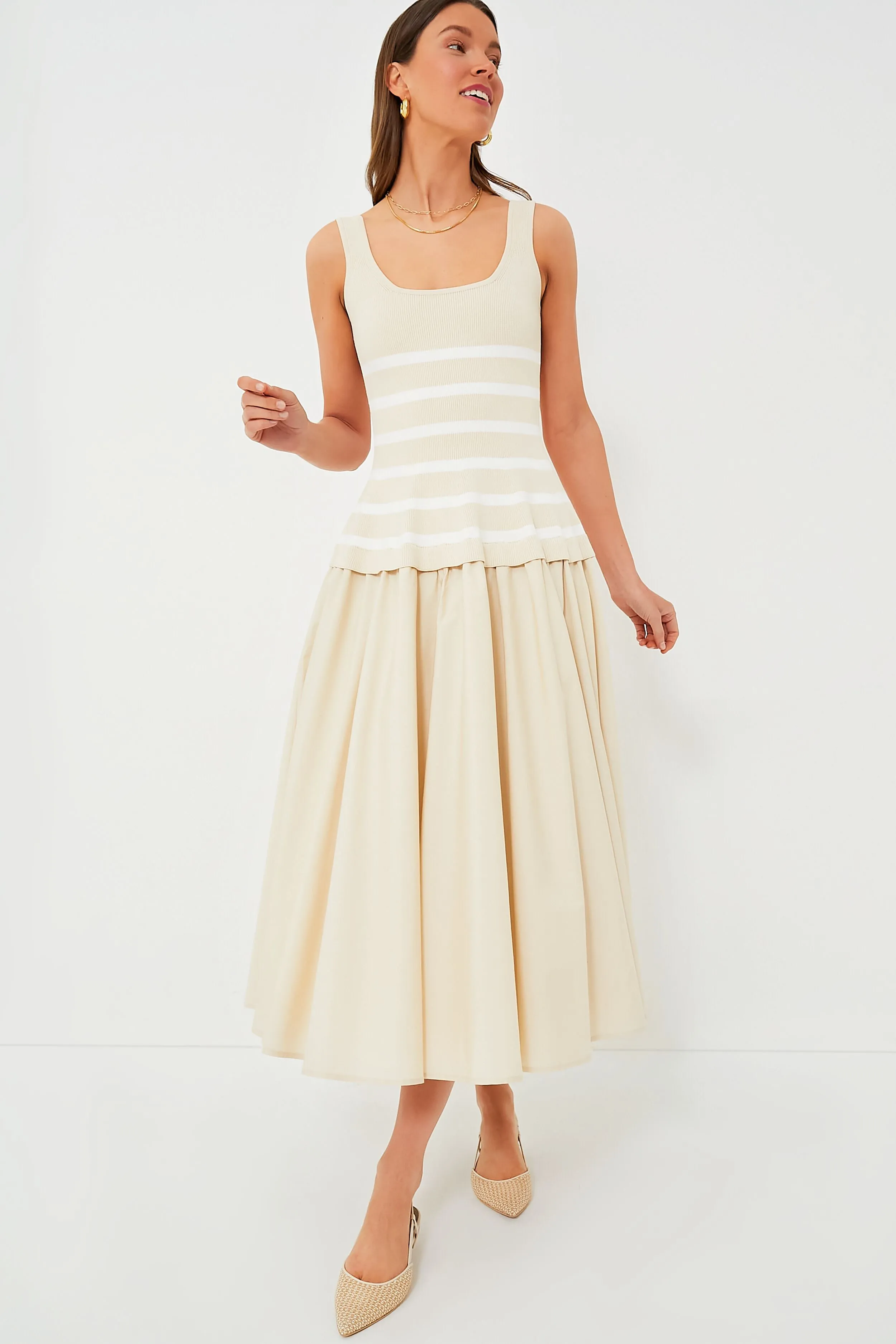 Sand Stripe Silas Knit Bodice Midi Dress