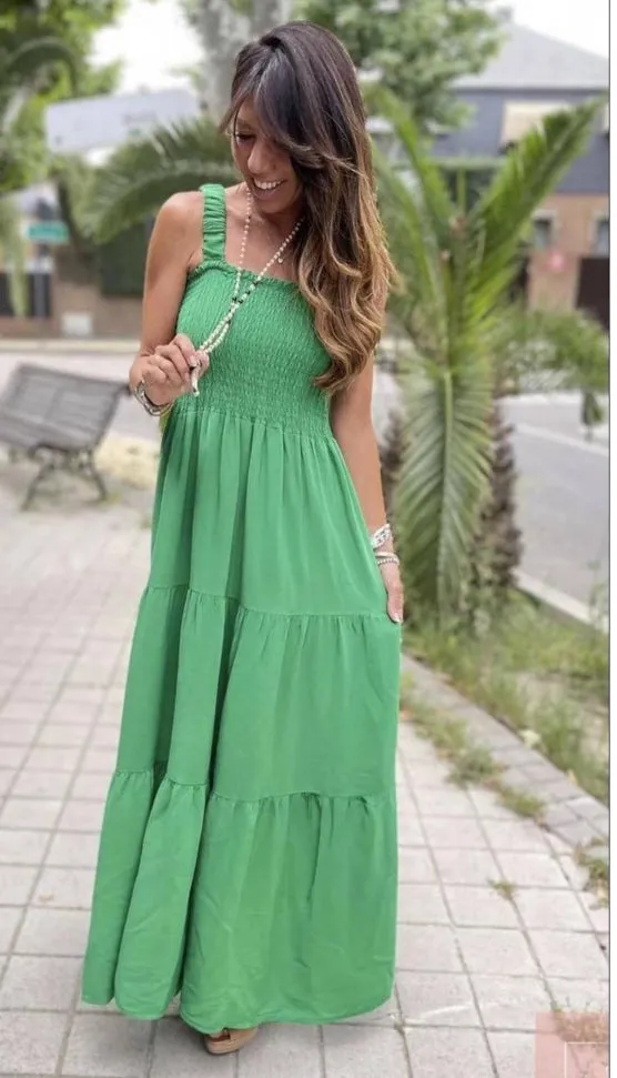 Shirred Bodice Tiered Maxi Dress