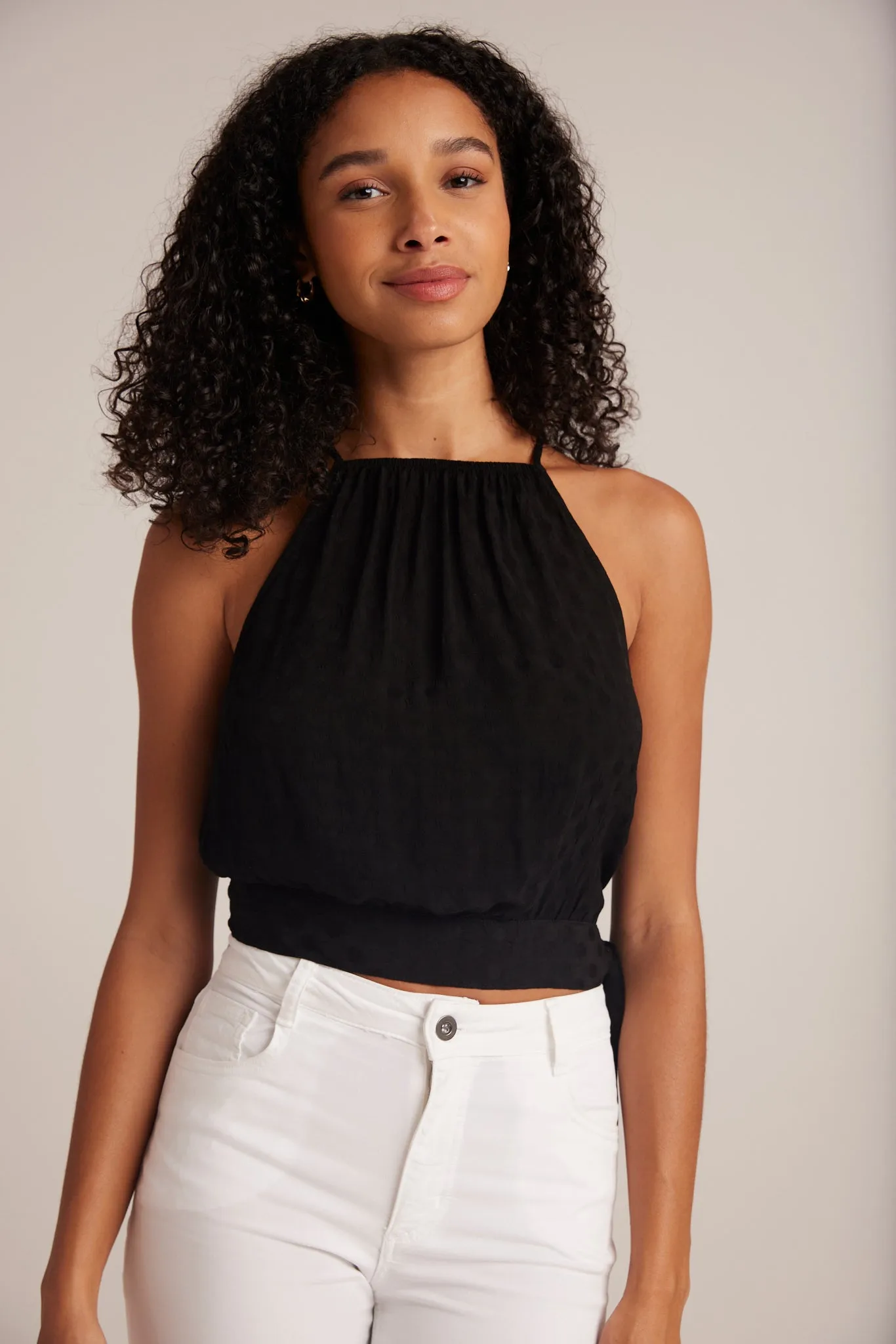 Side Tie Button Halter - Black