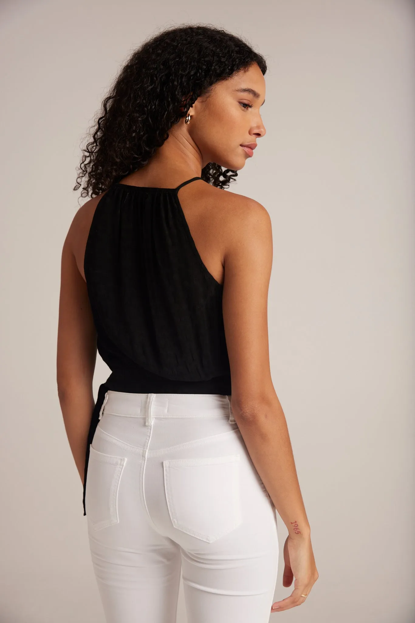 Side Tie Button Halter - Black