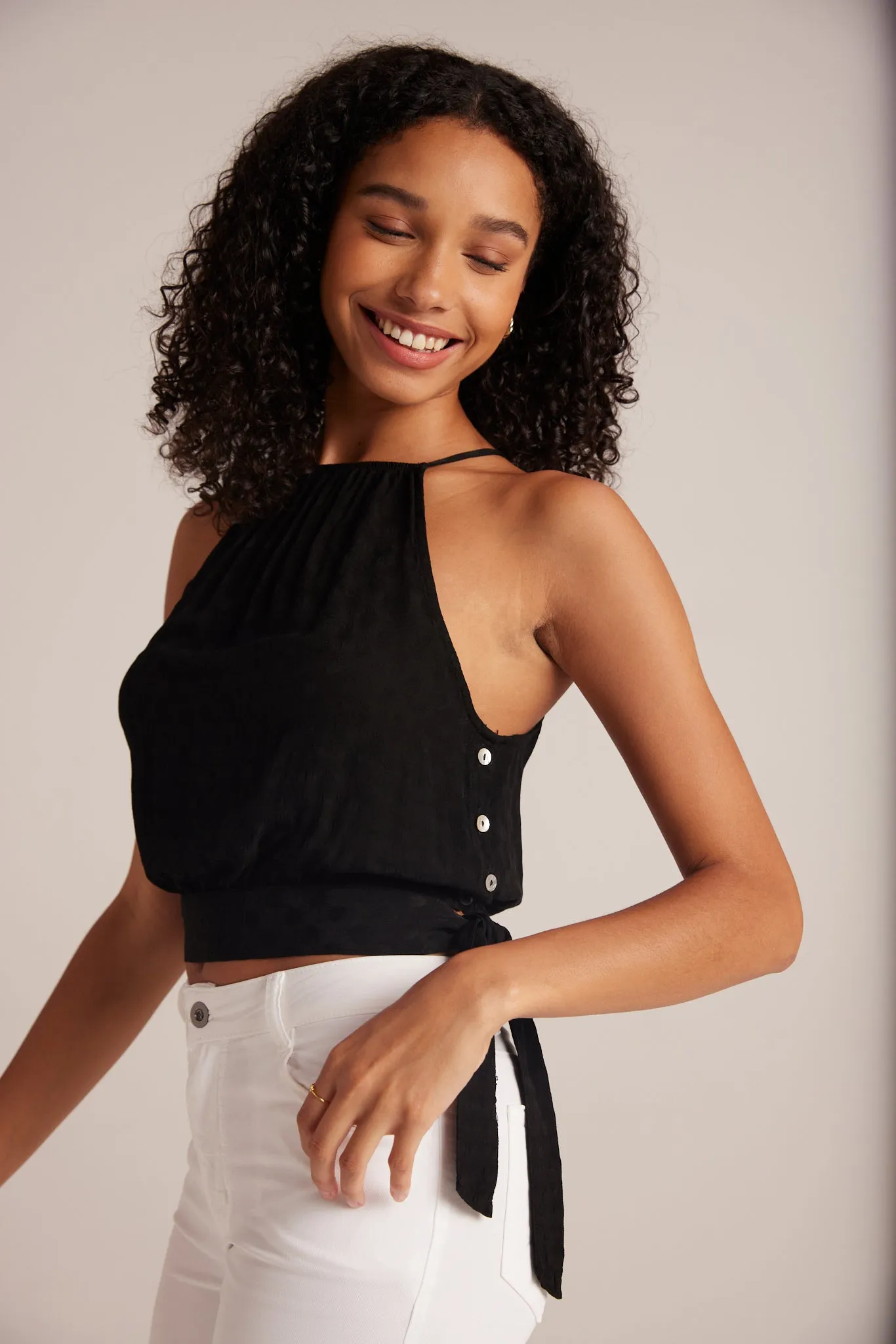 Side Tie Button Halter - Black