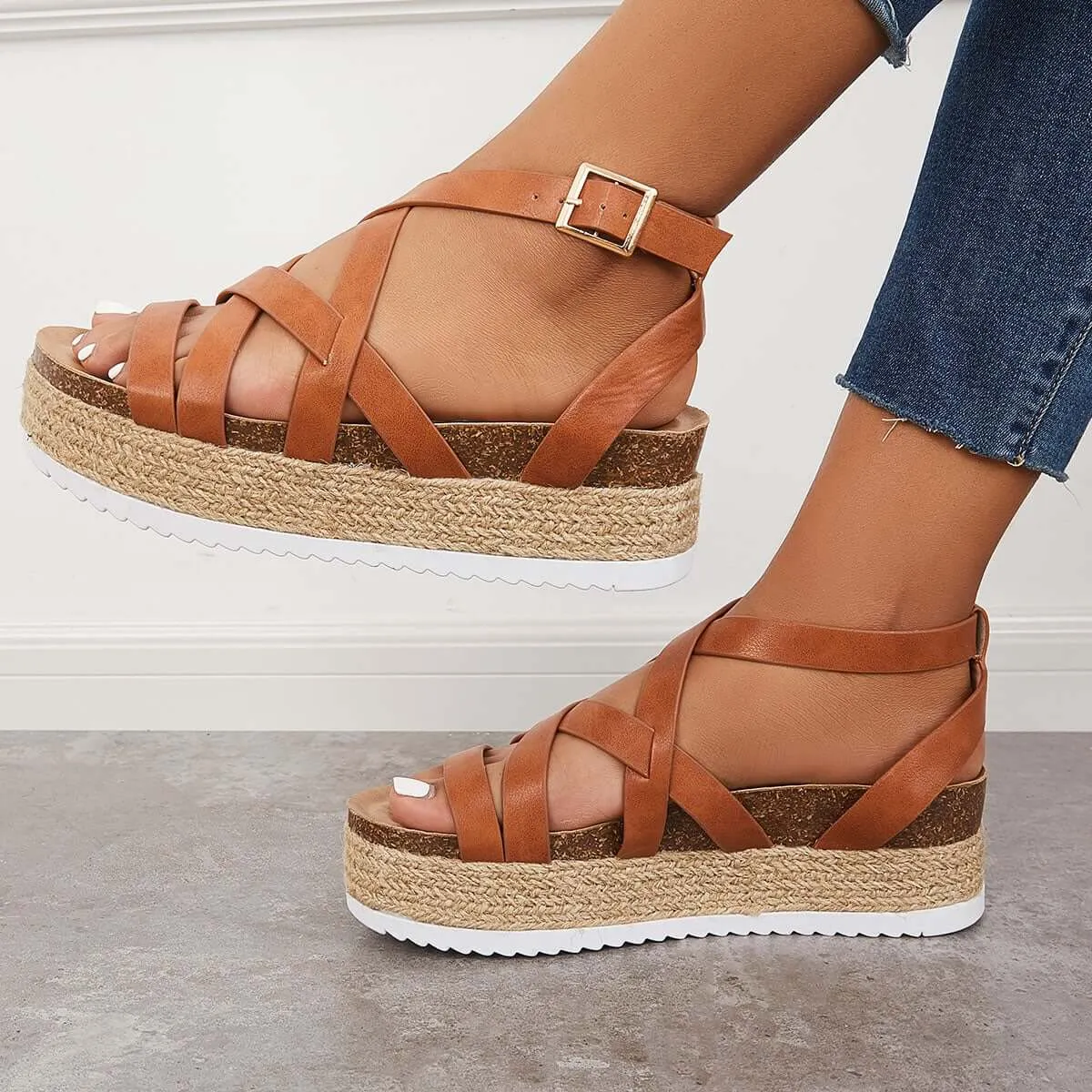 Sohiwoo  Women Criss Cross Espadrilles Platform Wedges Ankle Strap Sandals