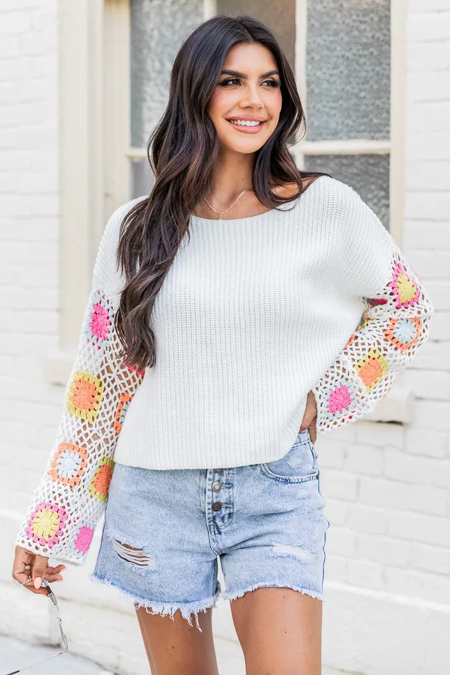 Something To Tell Ivory Bright Multi Crochet Sleeve Sweater  FINAL SALE