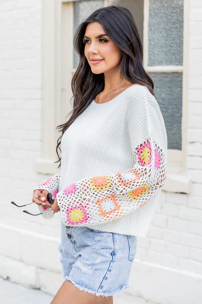 Something To Tell Ivory Bright Multi Crochet Sleeve Sweater  FINAL SALE