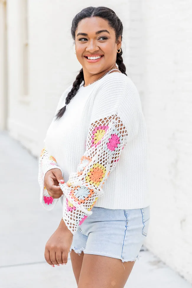 Something To Tell Ivory Bright Multi Crochet Sleeve Sweater  FINAL SALE