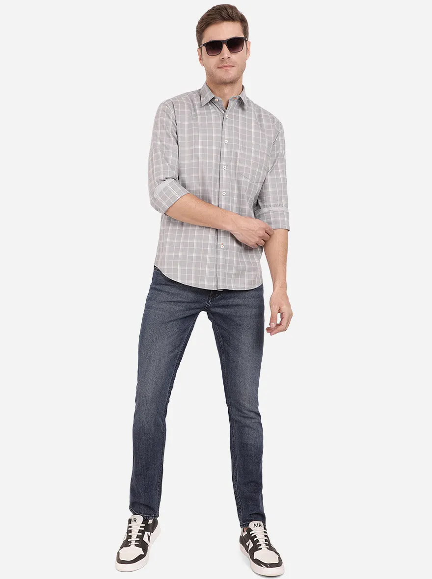 Stone Grey Checked Slim Fit Casual Shirt | Greenfibre