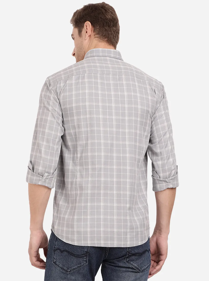 Stone Grey Checked Slim Fit Casual Shirt | Greenfibre