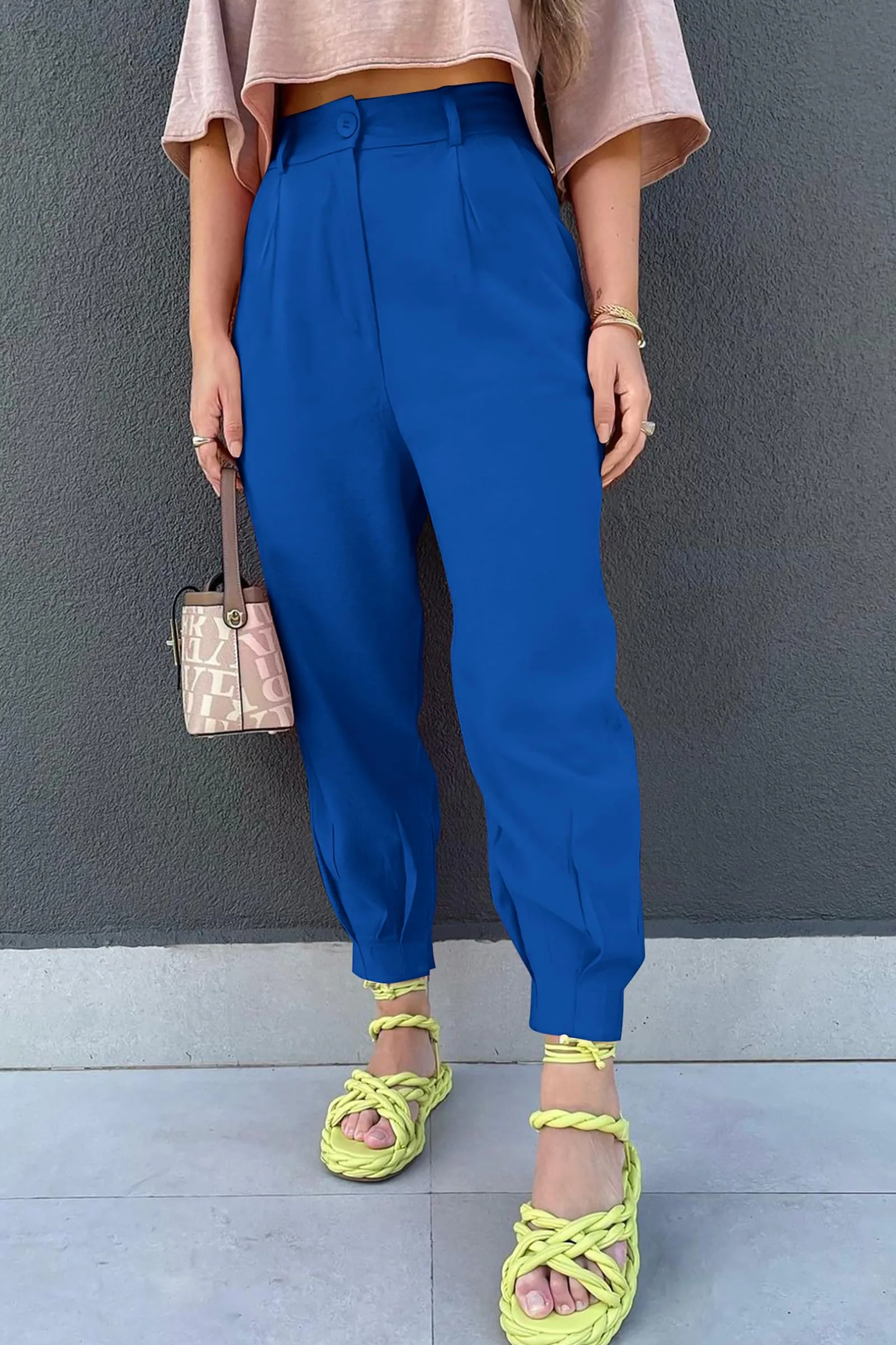 Summer High Waisted Ankle Length Trouser Slacks With Pockets