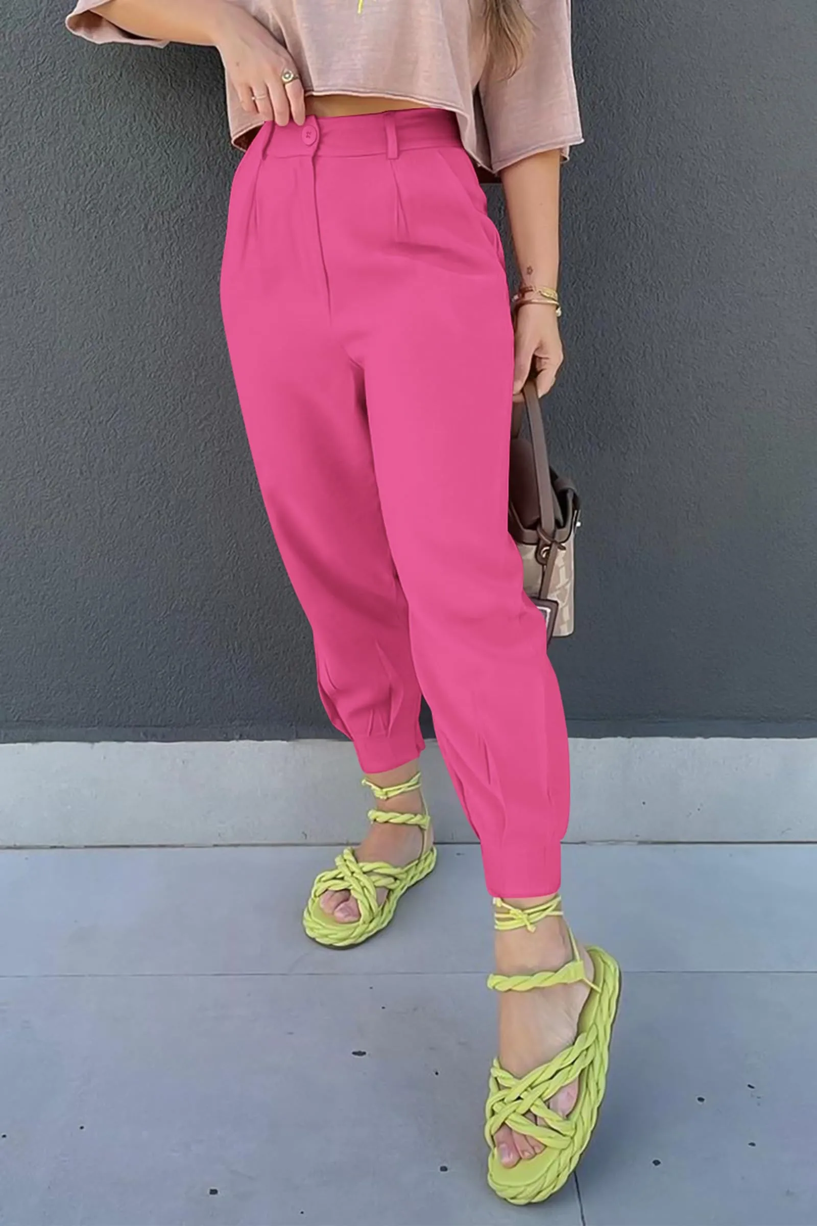 Summer High Waisted Ankle Length Trouser Slacks With Pockets