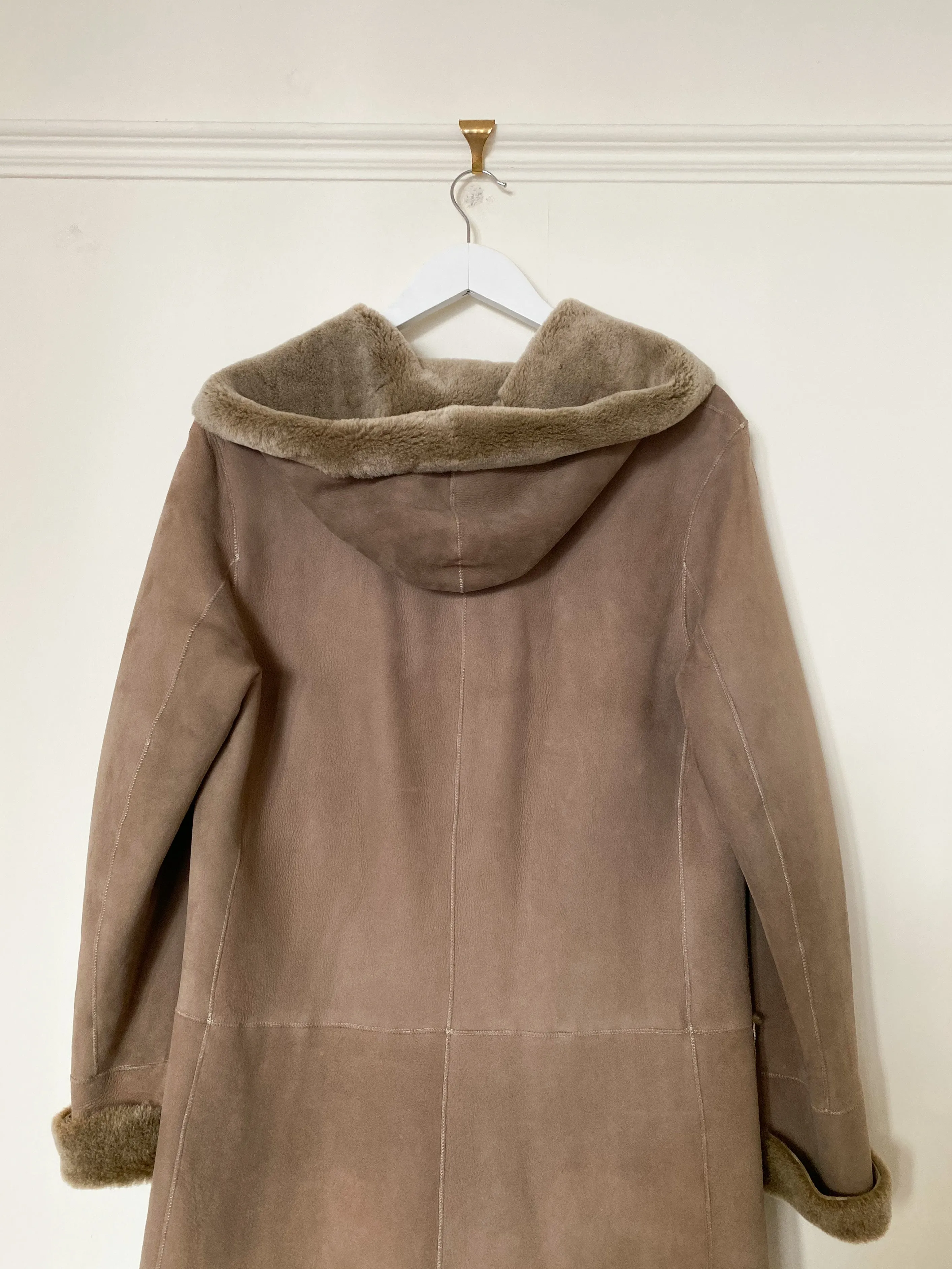 Taupe Hooded Merino Shearling Car Coat