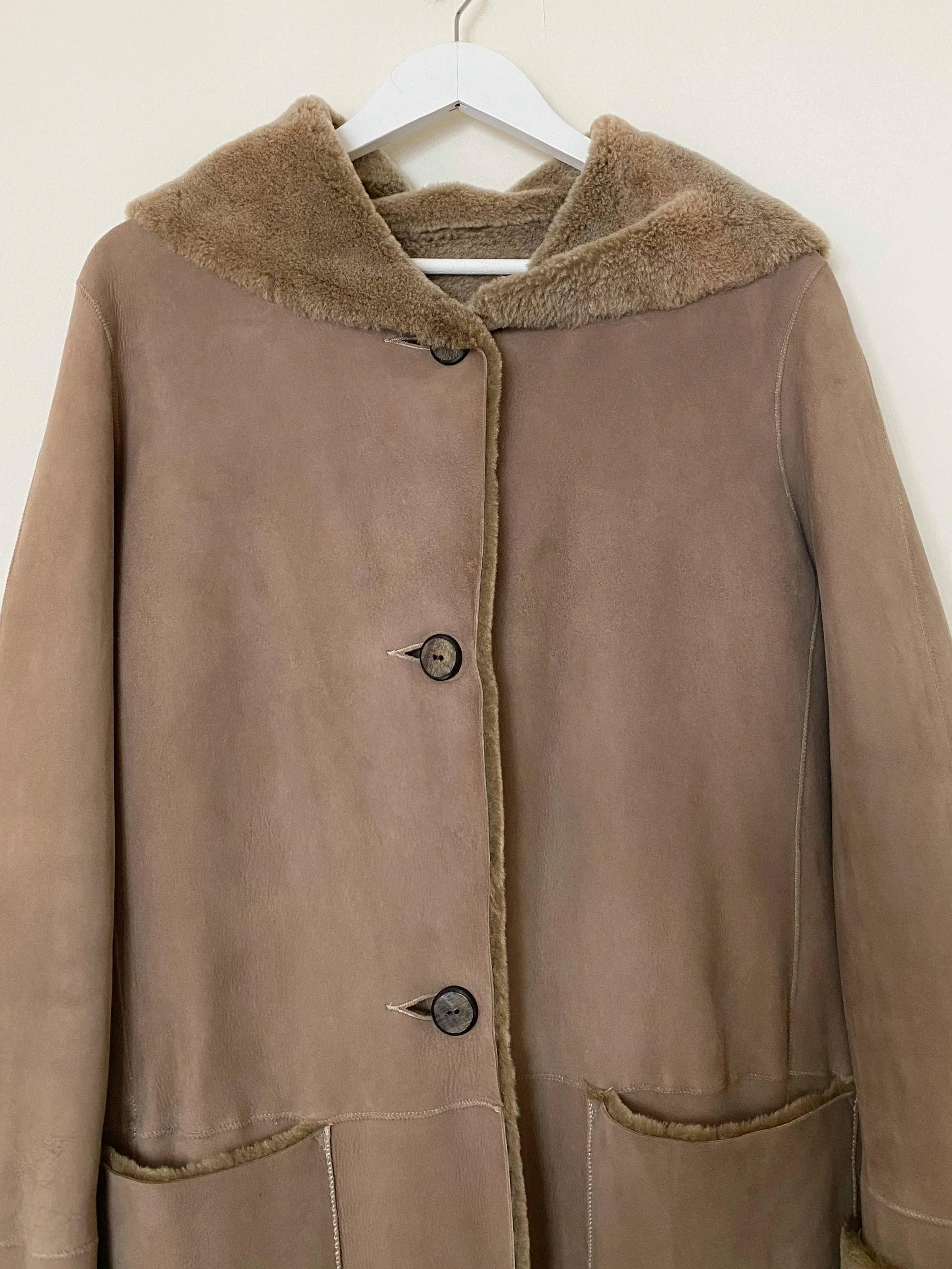 Taupe Hooded Merino Shearling Car Coat