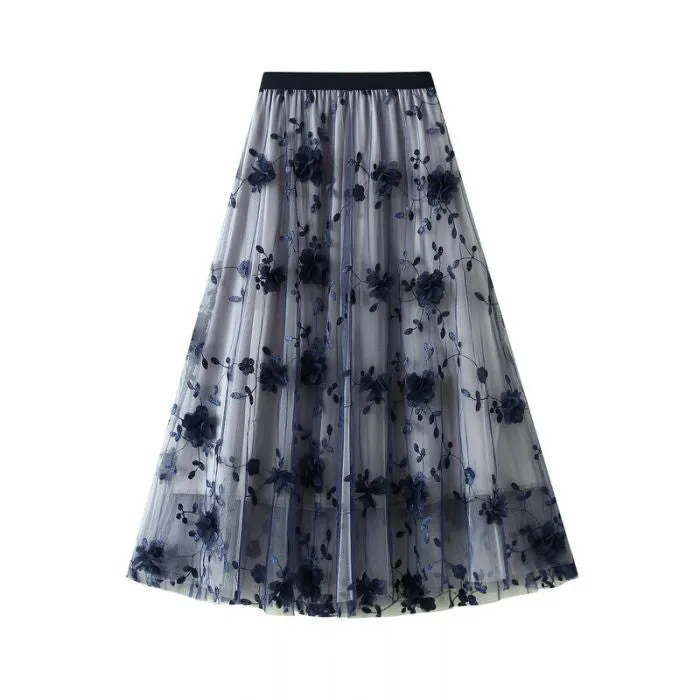 Tulle Maxi Skirt With Navy Flower Detail