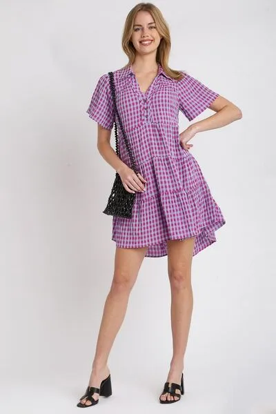 Umgee Red Violet Gingham Tiered Button Detail Short Sleeve Dress