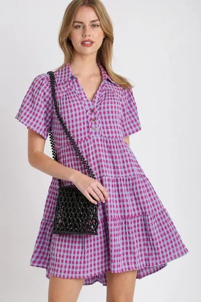 Umgee Red Violet Gingham Tiered Button Detail Short Sleeve Dress