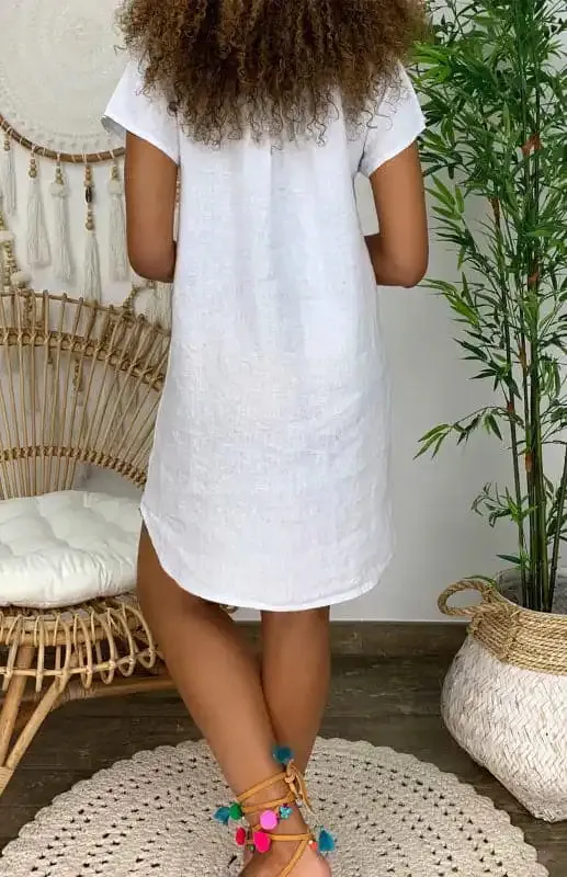 V-Neck Rolled Short Sleeve Gathered Curved Linen Dress