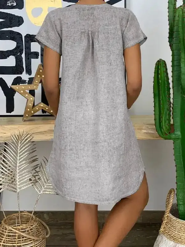 V-Neck Rolled Short Sleeve Gathered Curved Linen Dress