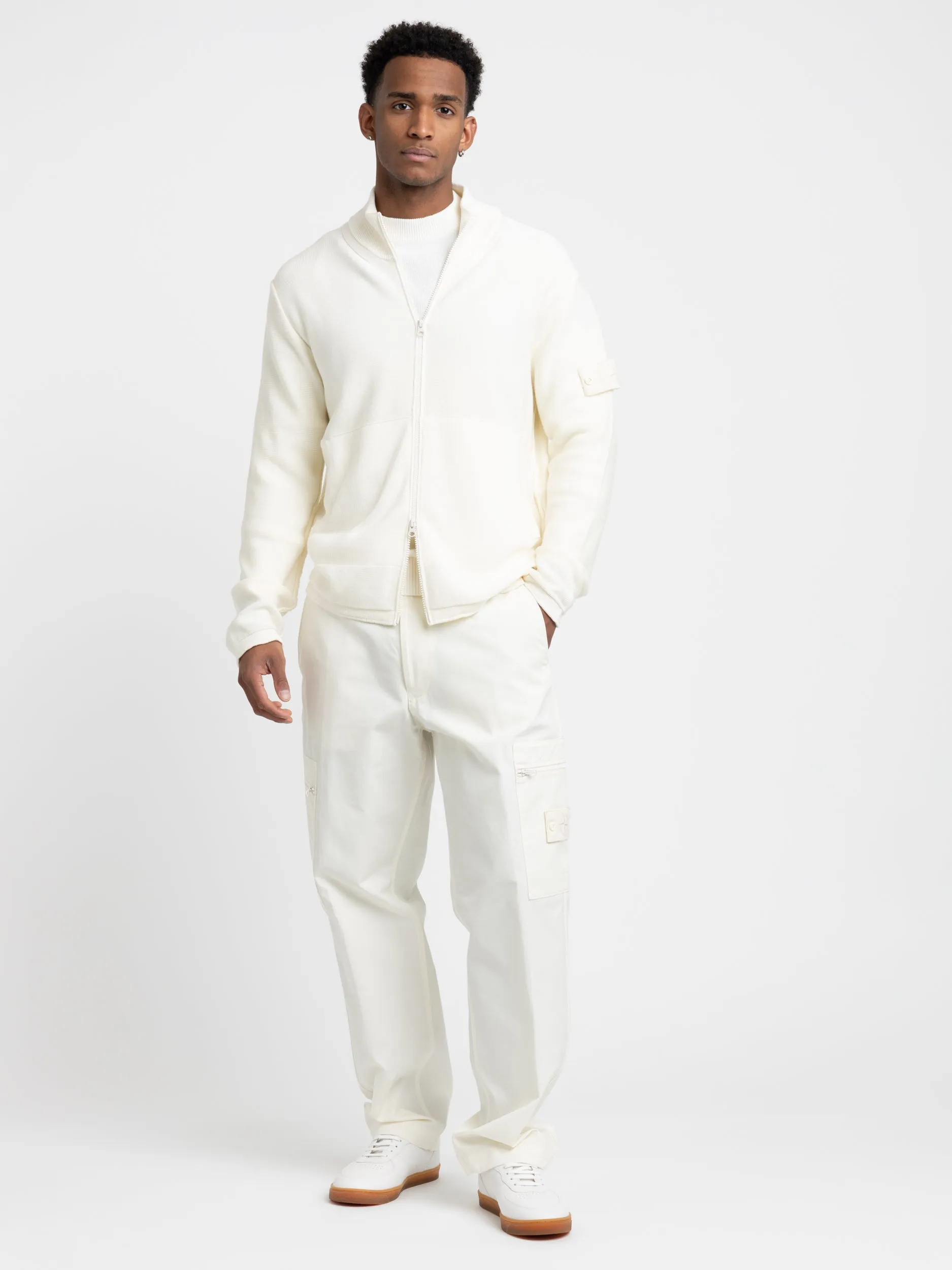 White Cotton-Cashmere Ribbed Full Zip Sweater