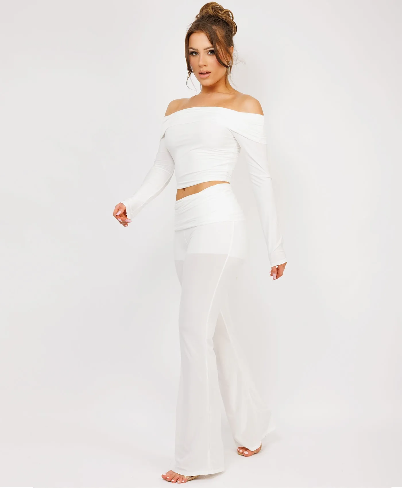 White Flare Trousers And Off Shoulder Top Fold Detail Set