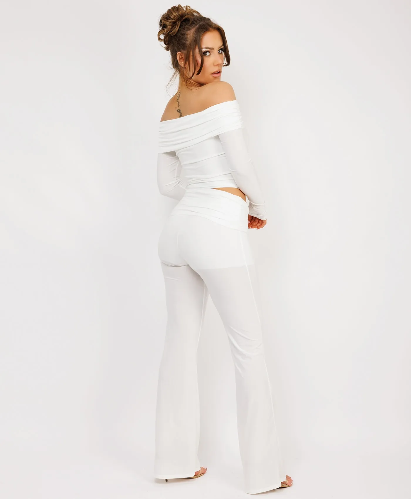 White Flare Trousers And Off Shoulder Top Fold Detail Set