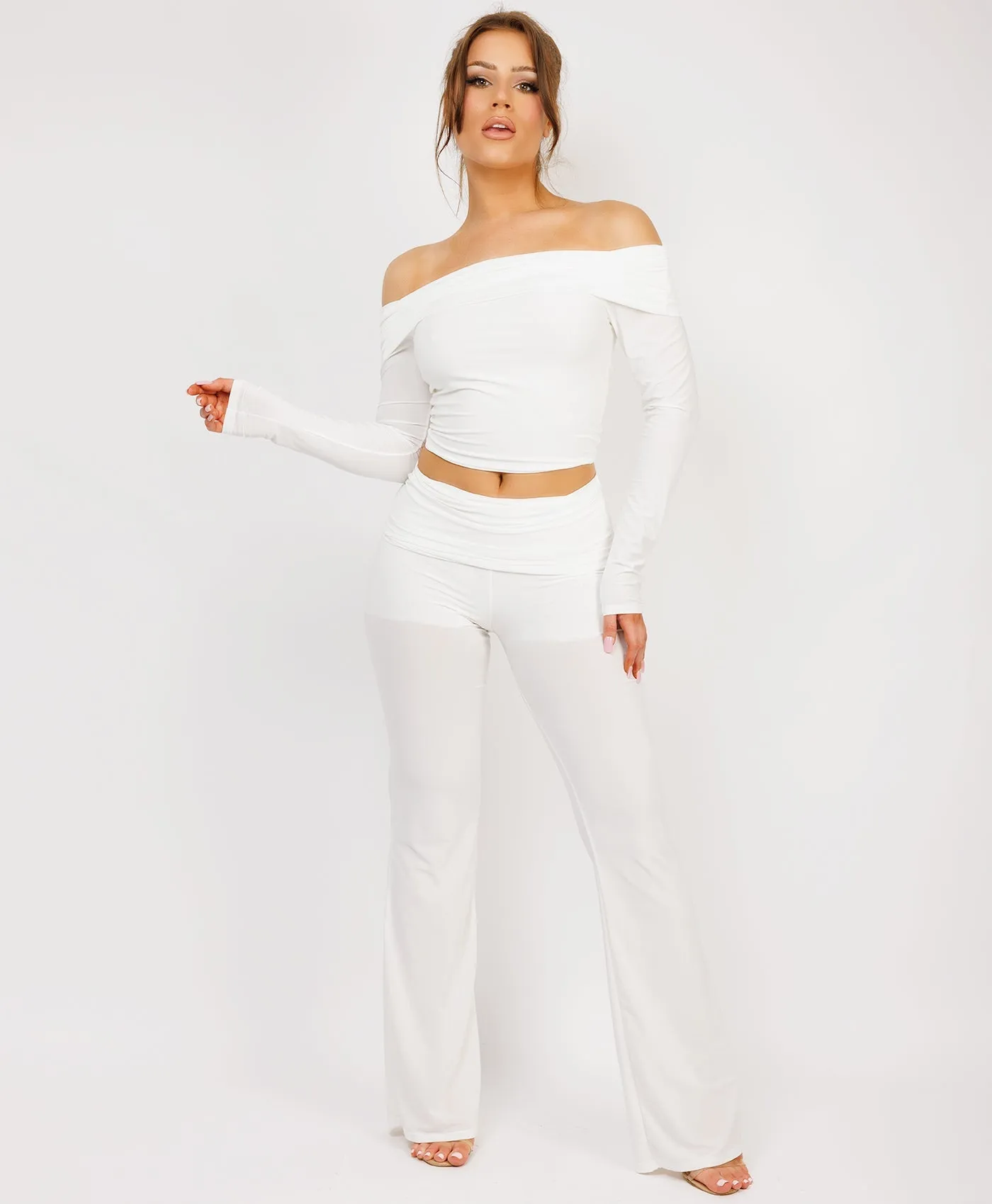 White Flare Trousers And Off Shoulder Top Fold Detail Set