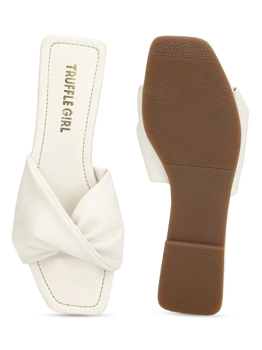 White PU Twisted Strap Slip Ons