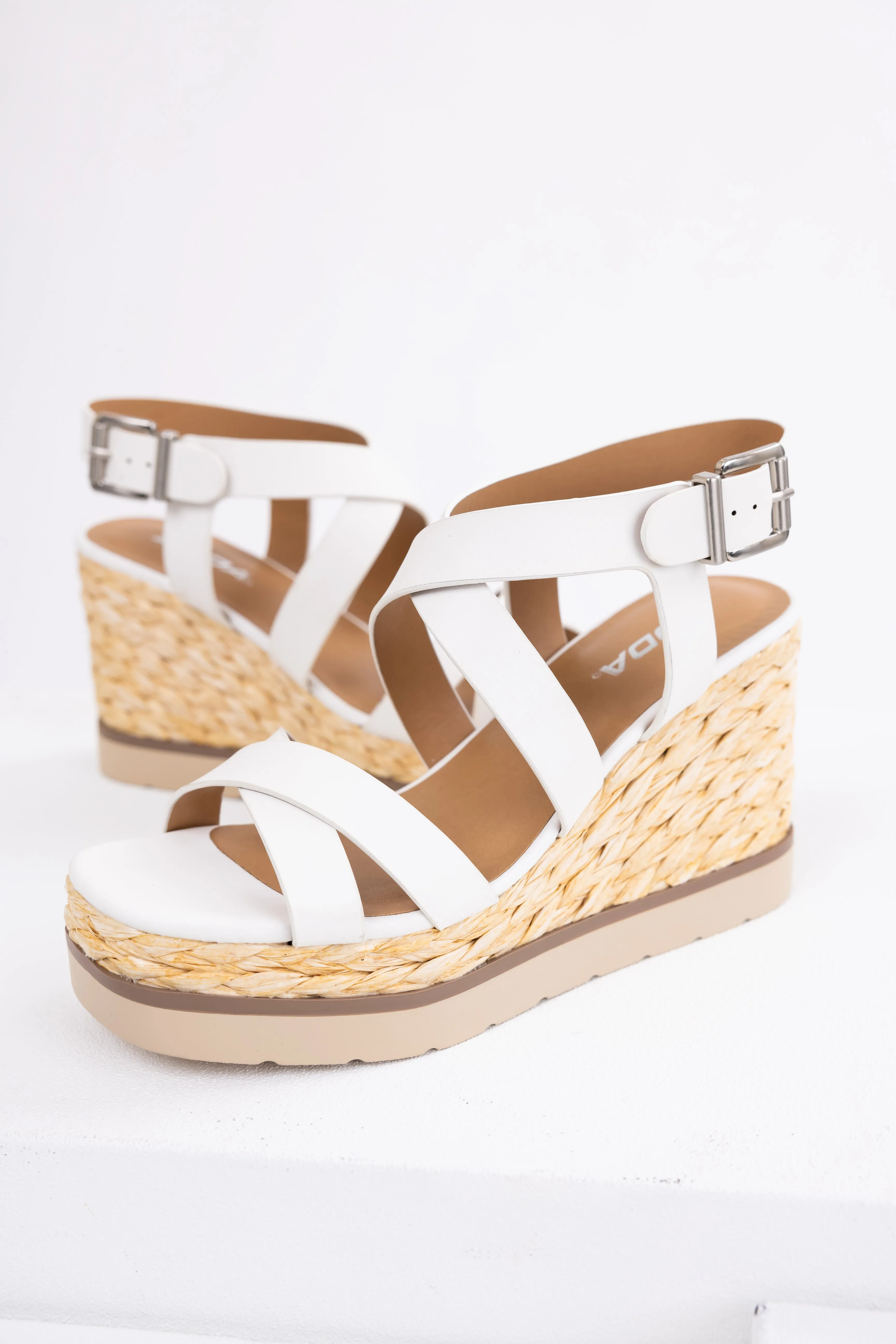 White Strappy Jute Braided Platform Wedges