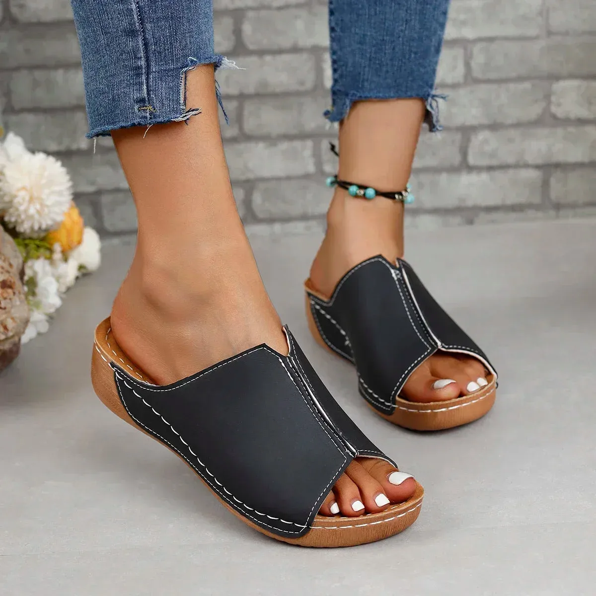 Wjczt Black Open Toe Women's Sandals Summer Fashion Breathable Comfortable Sandals Woman Wedge Buckle Female Footwear Woman Shoes