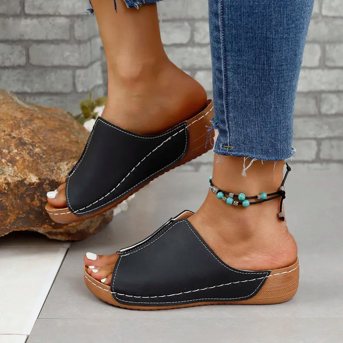 Wjczt Black Open Toe Women's Sandals Summer Fashion Breathable Comfortable Sandals Woman Wedge Buckle Female Footwear Woman Shoes