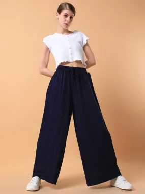 Women Navy Blue Solid Pleated Loose Fit Trouser