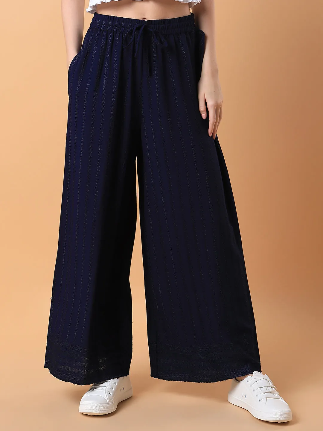 Women Navy Blue Solid Pleated Loose Fit Trouser